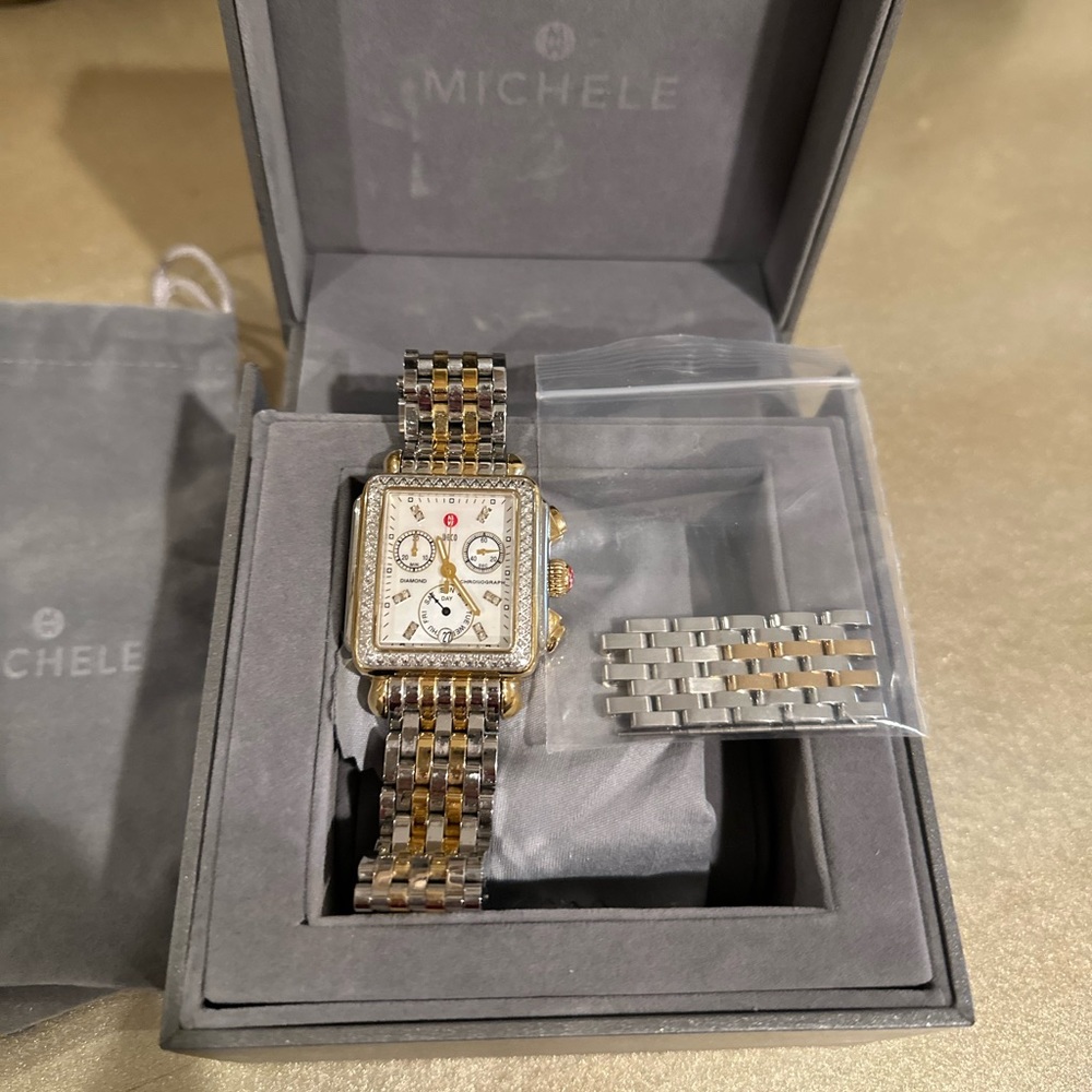 Michele two toned watch with diamond border. Box and extra hardware included.